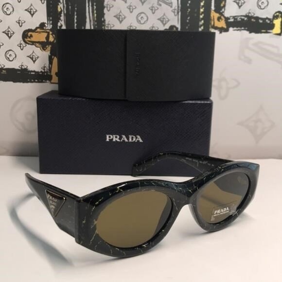 New Authentic Prada SPR 20Z Acetate Oval Symbole Sunglass– Black &Green Marbles - Picture 6 of 13